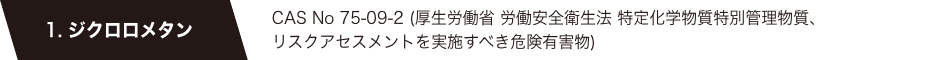 1. ジクロロメタン　CAS No 75-09-2 (厚生労働省 労働安全衛生法 特定化学物質特別管理物質、リスクアセスメントを実施すべき危険有害物)